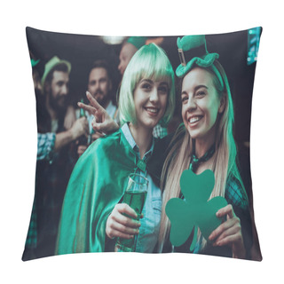 Personality  Saint Patrick's Day Party. Friends Is Celebrating. Happy People Is Drinks A Green Beer. Friends Is Men And Women. Girl Holding A Clover And Showing Victory Sign. People In A Green Hats. Pub Interior. Pillow Covers