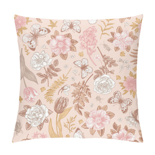 Personality  Pink Blooming Seamless Pattern With Flowers And Butterflies. Vector Vintage Illustration. Pillow Covers