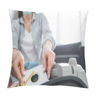 Personality  Cropped View Of Allergic Woman In Medical Mask Holding Dust Bag Near Vacuum Cleaner Pillow Covers