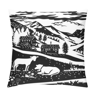 Personality  Swiss Scherenschnitt Or Scissors Cut Illustration Of Silhouette Of Binntal Nature Park With Chalet, Cow In Upper Valais Village Of Binn, Ernen, Grengiols, Bister Switzerland In Paper Cut Or Decoupage Pillow Covers