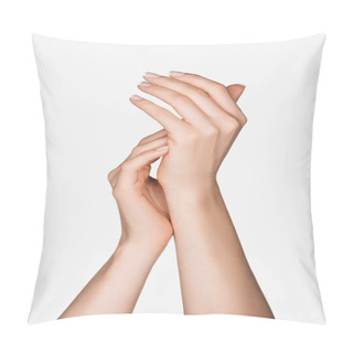 Personality  Cropped View Of Female Hands Isolated On White Pillow Covers