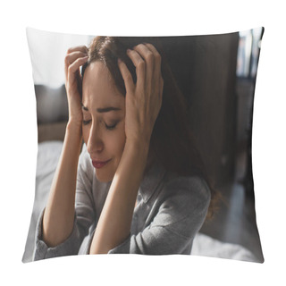 Personality  Upset And Brunette Woman Touching Hair While Crying At Home Pillow Covers