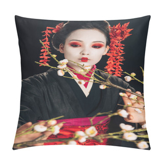Personality  Selective Focus Of Beautiful Geisha In Black Kimono With Red Flowers In Hair Touching Sakura Branches Isolated On Black Pillow Covers