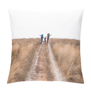 Personality  Family With Backpacks Running On Rural Path Pillow Covers