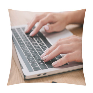 Personality  Partial View Of Woman Typing On Laptop At Tabletop With Credit Card Pillow Covers