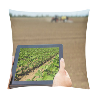 Personality  Smart Agriculture. Farmer Using Tablet Soy Planting. Modern Agri Pillow Covers