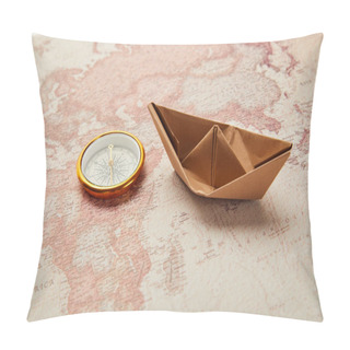 Personality  Golden Compass And Paper Boat On Retro World Map Pillow Covers