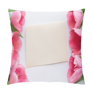 Personality  Top View Of Bright Pink Tulips Near Envelope On White  Pillow Covers