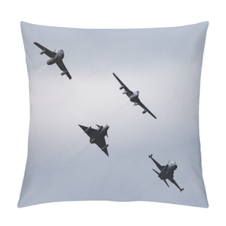 Personality  Payerne, Switzerland - August 31, 2014: Formation Of Former Swiss Air Force Jet Aircraft Comprised Of A De Havilland Vampire, Hawker Hunter, Northrop F-5 And Dassault Mirage.  Pillow Covers
