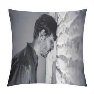 Personality  Depressed Man Leaning Up On A White Wall In Dark Room At Home, Feeling Sad, Tired And Anxious In A Mental Health Depression Concept. Pillow Covers