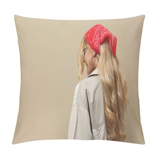 Personality  Young Woman With Stylish Bandana On Beige Background. Space For Text Pillow Covers