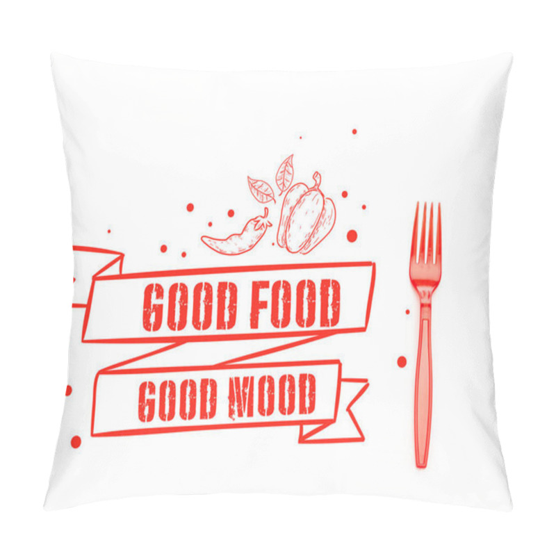 Personality  red plastic bright fork near good food good mood lettering isolated on white  pillow covers