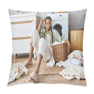 Personality  African American Woman With Afro Braids Sits Calmly Next To A Laundry Basket In A Bathroom, Doing Laundry. Pillow Covers
