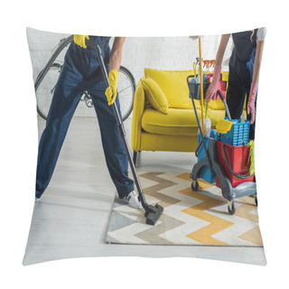 Personality  Cropped View Of Cleaners In Overalls Cleaning Apartment  Pillow Covers