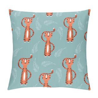 Personality  Seamless Pattern With Cute Jungle Orange Tiger On Blue Background Pillow Covers