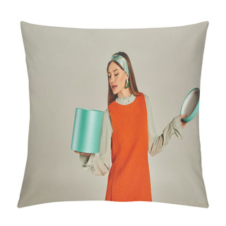 Personality  Curious Woman In Orange Dress And Headband Looking In Gift Box On Grey, Retro Fashion Photography Pillow Covers