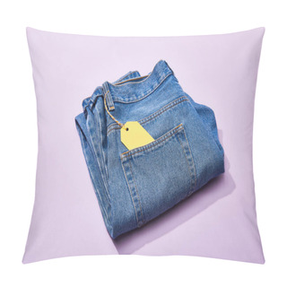 Personality  Jeans With Yellow Paper Sale Tag On Rope On Violet Background Pillow Covers