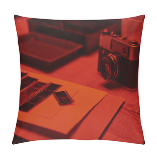 Personality  A Table With Analog Camera And Film Strips Under The Glow Of Red Light In Darkroom, Timeless Pillow Covers