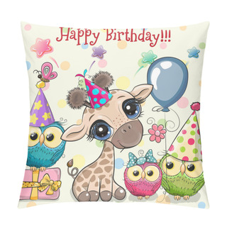 Personality  Birthday Card With Cute Giraffe And Owls With Balloon And Bonnets Pillow Covers