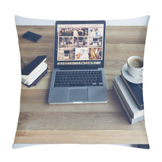 Personality  Open Laptop, Books And Cup Of Coffee At Modern Workplace  Pillow Covers