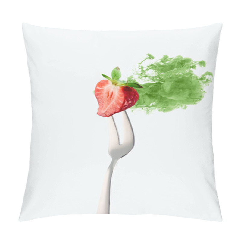 Personality  half of strawberry on fork and green ink isolated on white pillow covers