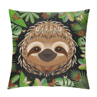 Personality  Sloth. Head Face Portrait. Beige Fur. Cartoon Style. Animal Smiles. Frame Of Jungle Leaves Pillow Covers