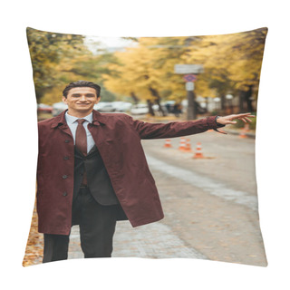 Personality  Smiling Businessman Catching Taxi On Street During Autumn Pillow Covers