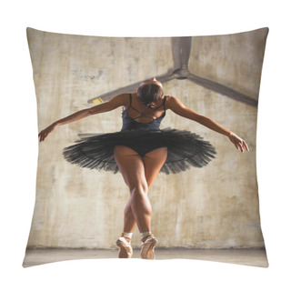 Personality  Full Body Portrait. Russian Ballerina In A Black Dancing Suit Is Pillow Covers
