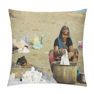 Personality  Indian Woman Washes Clothes In Ganga River In Varanasi, India. Pillow Covers