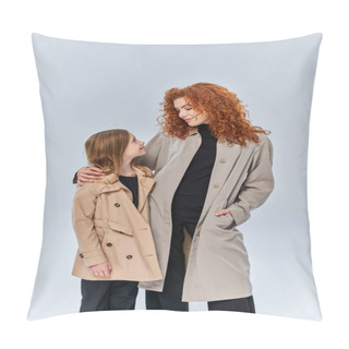 Personality  Two Female Generations, Redhead Woman Looking At Daughter And Standing In Coats On Grey Background Pillow Covers