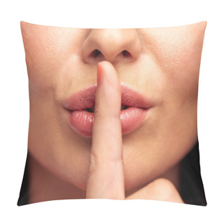 Personality  Close Up Of Young Woman Holding Finger On Lips Pillow Covers