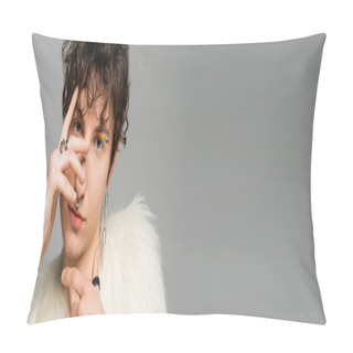 Personality  Portrait Of Stylish Bigender Person In White Faux Fur Jacket Covering Face With Hand Isolated On Grey, Banner Pillow Covers