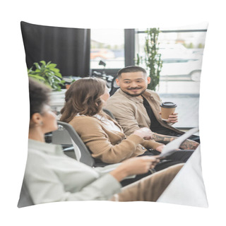 Personality  Joyful Asian Businessman Holding Coffee To Go And Chatting With Female Colleague In Modern Coworking Pillow Covers
