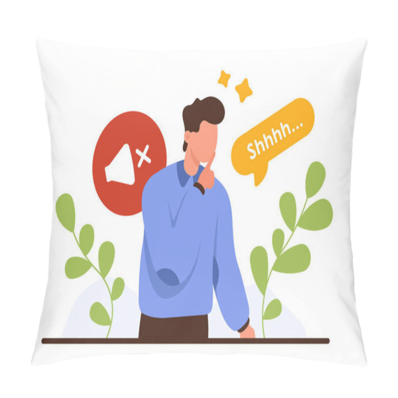 Personality  Please keep quiet, mystery silent gesture from man. Male character holding finger at mouth to ask for silence and keep secret, stop talking, Shhh text in speech bubble cartoon vector illustration pillow covers