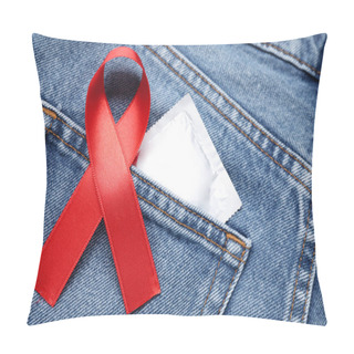 Personality  Jeans With Red Ribbon And Condom, Closeup. AIDS Disease Awareness Pillow Covers