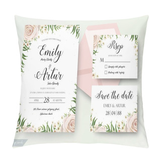 Personality  Wedding Floral Watercolor Style Invite, Rsvp Save The Date Thank You Card Design With Creamy White Garden Rose, Wax Flowers, Green Tropical Palm Tree Leaves Greenery Decor. Vector Elegant Template Set Pillow Covers