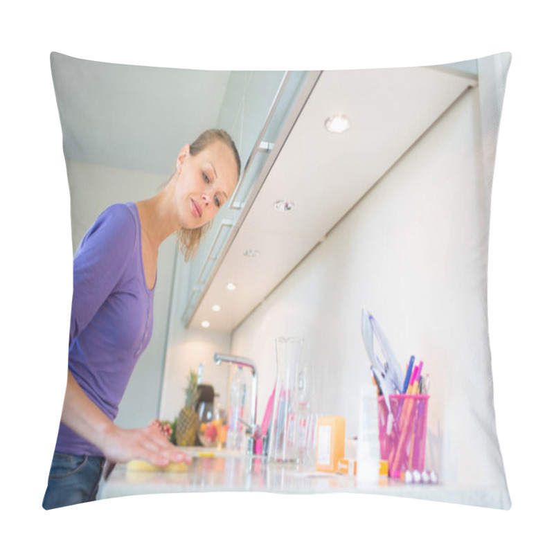 Personality  Pretty, Young Woman Cleaning Her Modern Kitchen After Cooking Lunch (shallow DOF; Color Toned Image) Pillow Covers