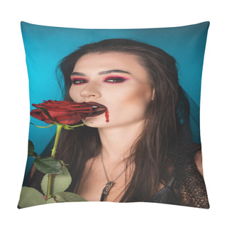 Personality  Young And Creepy Woman With Blood On Face Near Red Rose On Blue Pillow Covers