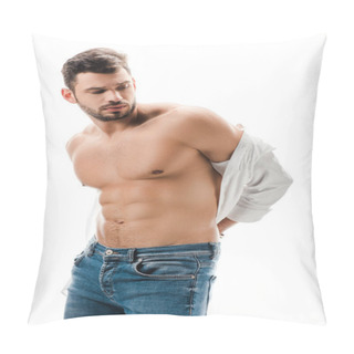 Personality  Brunette Muscular Man In White Shirt And Jeans Isolated On White Pillow Covers