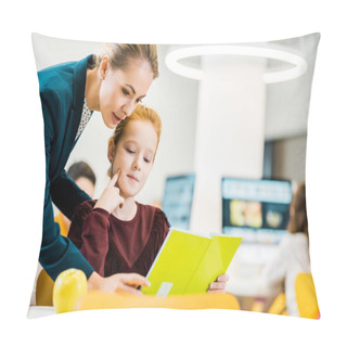 Personality  Young Female Teacher And Adorable Schoolkid Studying Together In Library  Pillow Covers