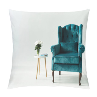 Personality  Turquoise Armchair By Coffee Table With Flowers And Books On Grey Background Pillow Covers