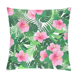 Personality  Seamless Pattern With Exotic Hibiscus Flowers And Palm Leaves. Pillow Covers