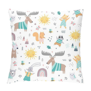 Personality  Seamless Childish Pattern With Woodland Animals. Cute Deer, Bear, Raccoon, Fox, Bunny, Squirrel In Clothes, Funny Characters. Creative Scandinavian Kids Texture For Fabric, Wrapping, Textile Pillow Covers