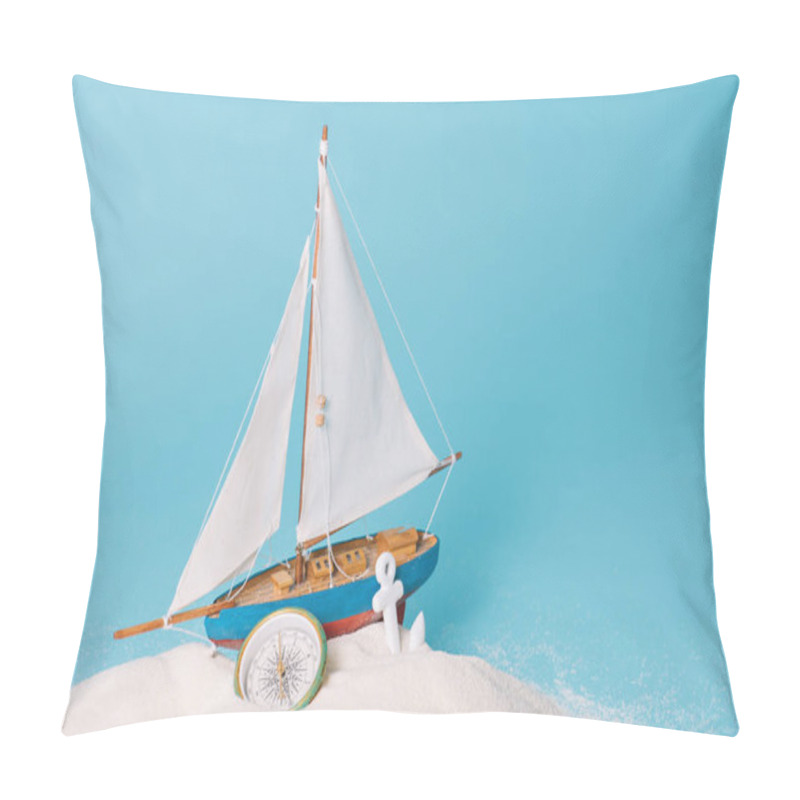 Personality  decorative ship near anchor and compass in white sand on blue background pillow covers