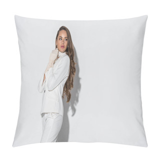 Personality  Attractive Girl With Long Hair In Suit Standing On White Background Pillow Covers