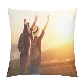 Personality  Happy Couple Man And Woman Tourist At Top Of Mountain At Sunset  Pillow Covers