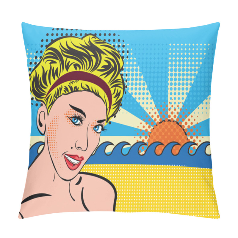 Personality  Blond Smiley Girl Relax On The Beach. Bohemian Retro Chic Lady In Pop Art Style. Portrait Of A Girl Blonde With Curvy Retro Hairstyle, Silhouette With Shoulders. Design For Cards, Tourism, Invites Pillow Covers