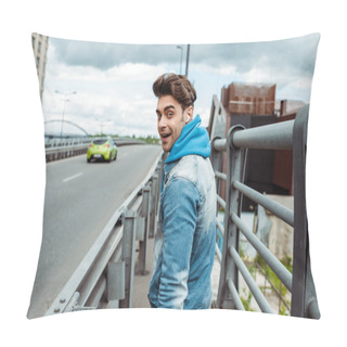 Personality  Side View Of Positive Man In Earphones Looking At Camera Near Road On Urban Street  Pillow Covers