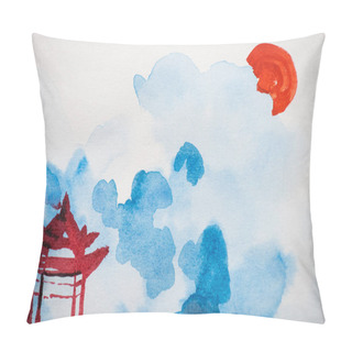 Personality  Japanese Painting With Temple, Sun And Clouds On White Pillow Covers