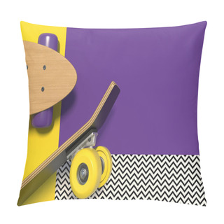 Personality  Wooden Skateboard With Bright Colored Wheels On A Colorful Background With Geometric Patterns. Copy Space. Minimalistic Creative Concept. 3D Render. Pillow Covers